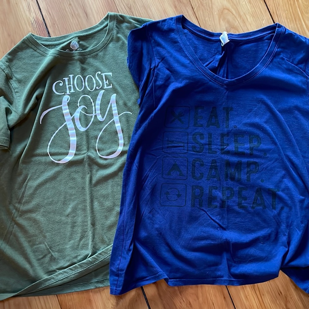 Two cute graphic T-shirts! EAT. SLEEP. CAMP. REPEAT & Choose Joy! Both size L.